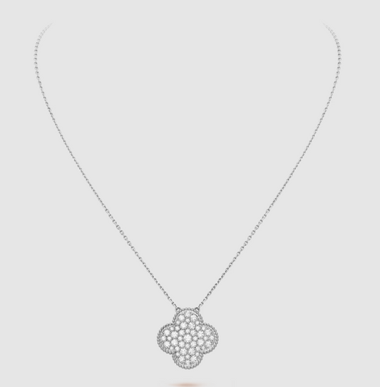 [OrnoraJewelry]CLOVER 25MM LARGE PENDANT DIAMOND PAVED SILVER NECKLACE