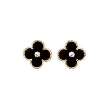 [OrnoraJewelry]CLOVER MEDIUM 1 MOTIFS ONYX DIAMOND EARRINGS