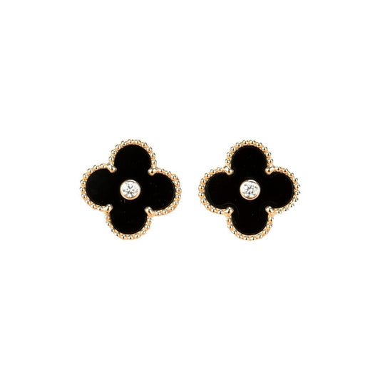 [OrnoraJewelry]CLOVER MEDIUM 1 MOTIFS ONYX DIAMOND EARRINGS