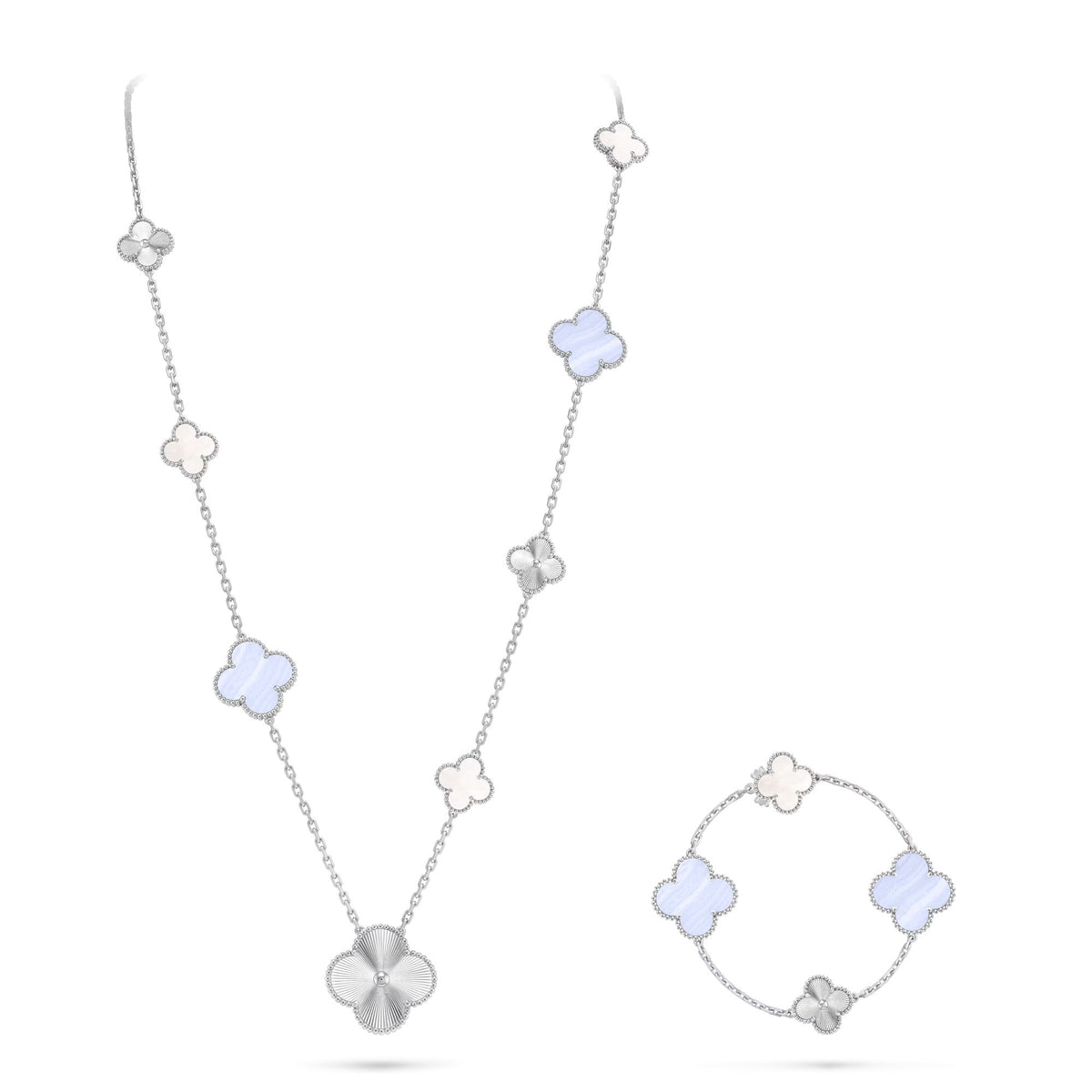 [OrnoraJewelry]DETACHABLE CLOVER 15(11+4) FLOWER SILVER NECKLACE SET