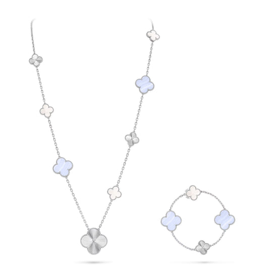 [OrnoraJewelry]DETACHABLE CLOVER 15(11+4) FLOWER SILVER NECKLACE SET