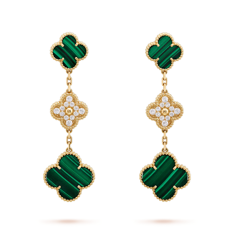 [OrnoraJewelry]CLOVER EARRINGS GOLD MALACHITE DIAMOND 3 MOTIF