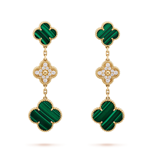 [OrnoraJewelry]CLOVER EARRINGS GOLD MALACHITE DIAMOND 3 MOTIF