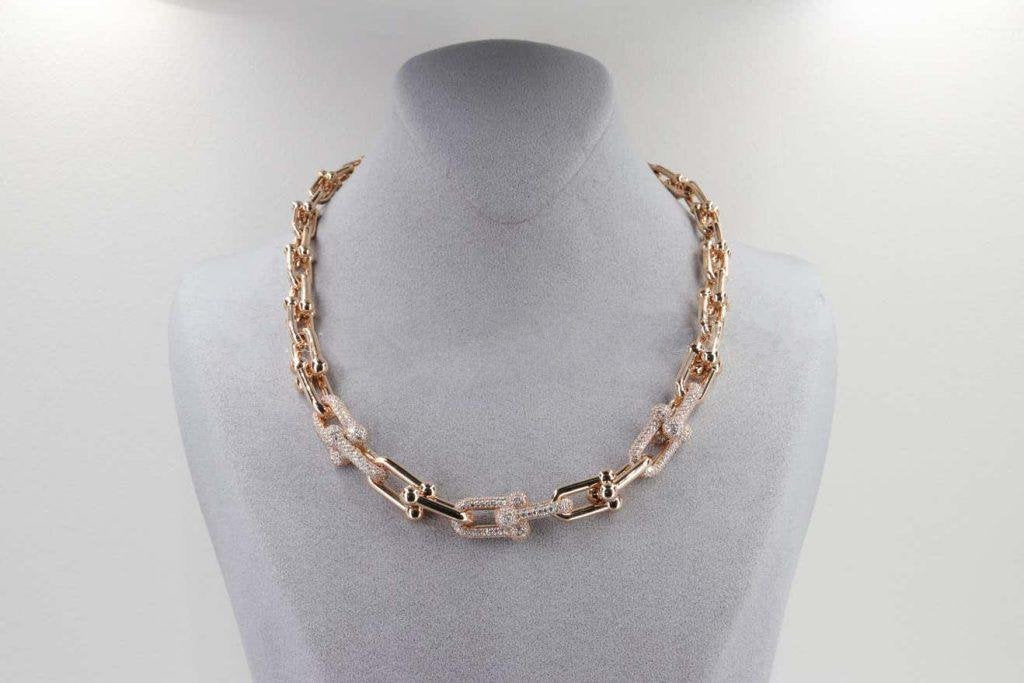 [Ornora Jewelry]HARDWEAR GRADUATED LINK NECKLACE ROSE GOLD WITH PAVE DIAMONDS