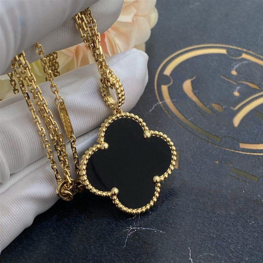 [OrnoraJewelry]CLOVER 25MM GOLD ONYX BIG CLOVER NECKLACE