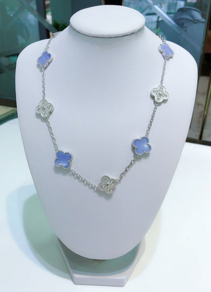 [OrnoraJewelry]CLOVER 10 MOTIFS CHALCEDONY DIAMONDS SILVER NECKLACE