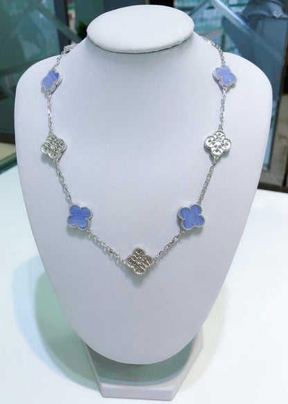 [OrnoraJewelry]CLOVER 10 MOTIFS CHALCEDONY DIAMONDS SILVER NECKLACE