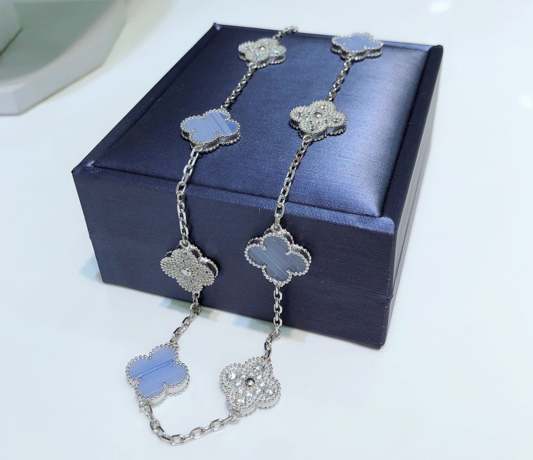 [OrnoraJewelry]CLOVER 10 MOTIFS CHALCEDONY DIAMONDS SILVER NECKLACE