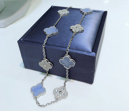 [OrnoraJewelry]CLOVER 10 MOTIFS CHALCEDONY DIAMONDS SILVER NECKLACE