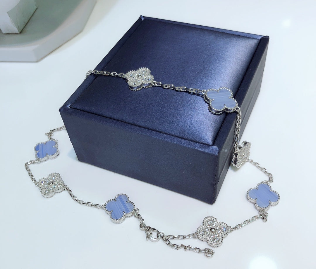 [OrnoraJewelry]CLOVER 10 MOTIFS CHALCEDONY DIAMONDS SILVER NECKLACE