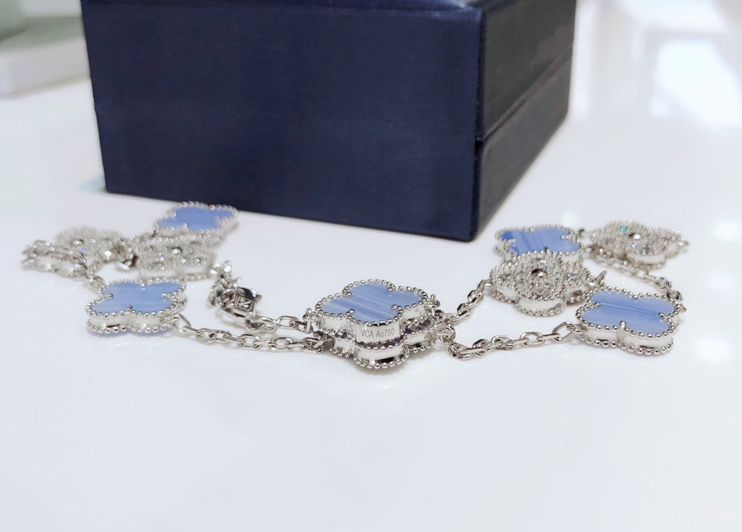 [OrnoraJewelry]CLOVER 10 MOTIFS CHALCEDONY DIAMONDS SILVER NECKLACE