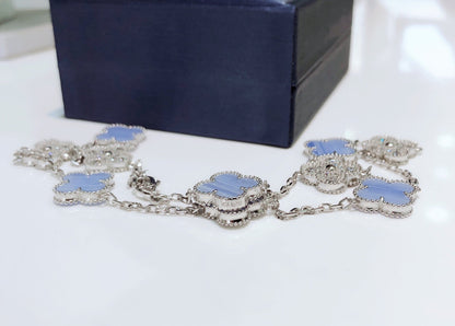 [OrnoraJewelry]CLOVER 10 MOTIFS CHALCEDONY DIAMONDS SILVER NECKLACE