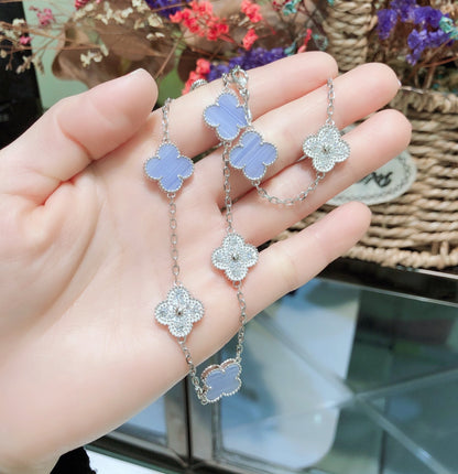 [OrnoraJewelry]CLOVER 10 MOTIFS CHALCEDONY DIAMONDS SILVER NECKLACE