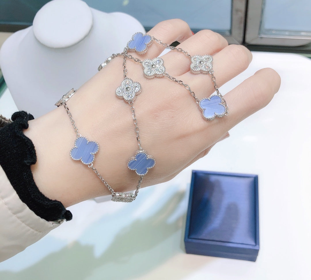 [OrnoraJewelry]CLOVER 10 MOTIFS CHALCEDONY DIAMONDS SILVER NECKLACE